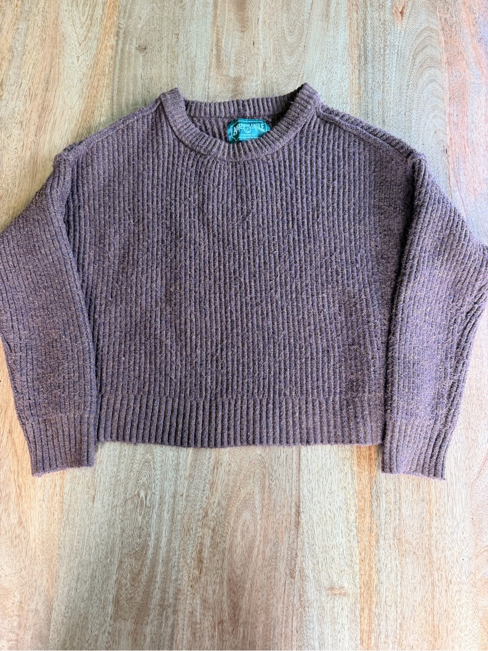 Vintage American Eagle Outfitters Cropped Ribbed Crewneck Sweater - Brown
